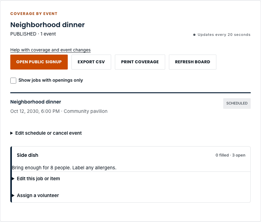 Organizer coverage board showing a published dinner, filled and open places, and options to edit, export, and print.