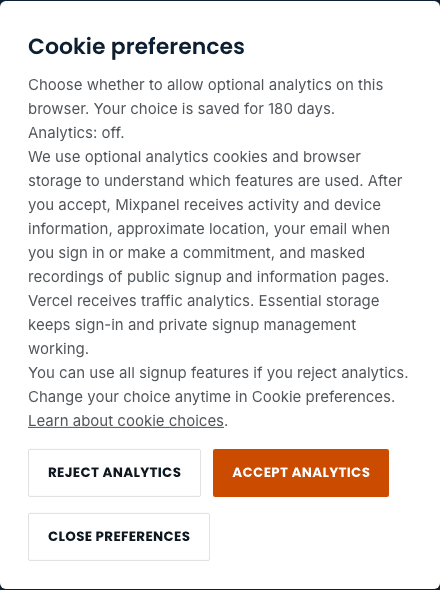 Cookie preferences with equally available Reject analytics and Accept analytics buttons and a Close preferences button.