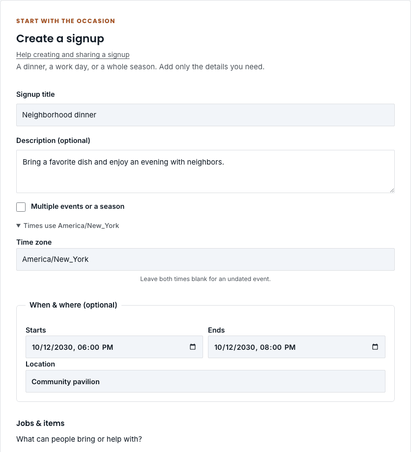 Create a signup form with a dinner title, optional description, dates, and location.