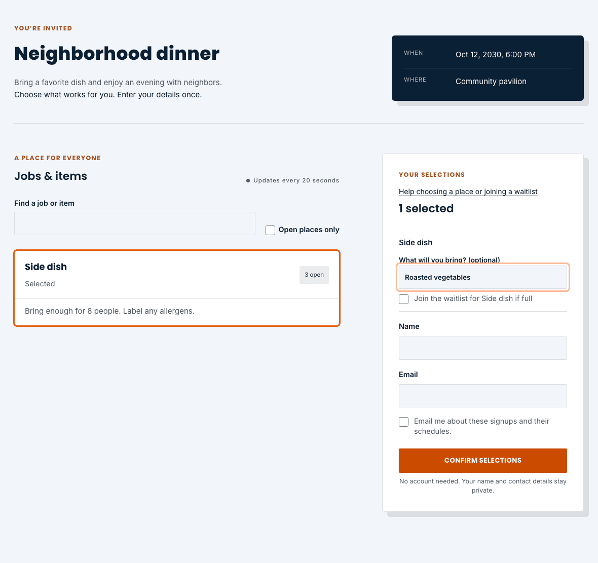 Example dinner signup with Side dish selected and the Your selections form ready to complete.