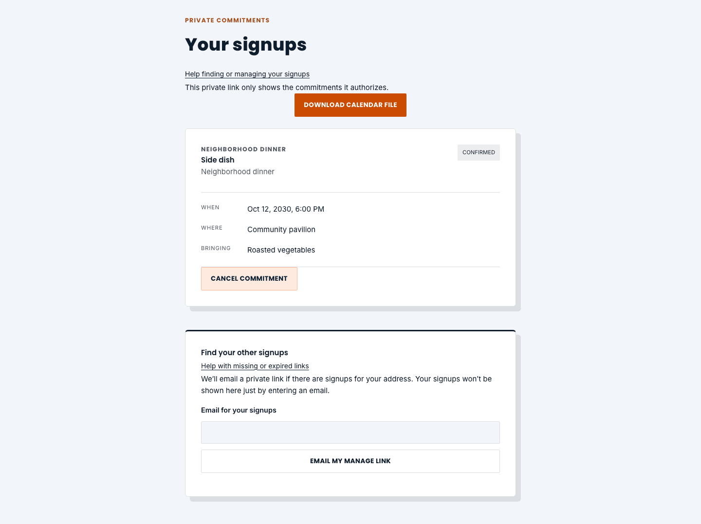 Your signups page with a confirmed Side dish commitment, Download calendar file, and Cancel commitment controls.